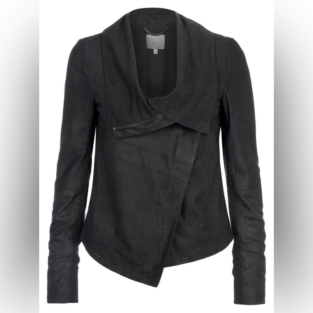 Muubaa Sinoia Goat Leather Drape Jacket Suede draped cowl neck Moto long sleeve